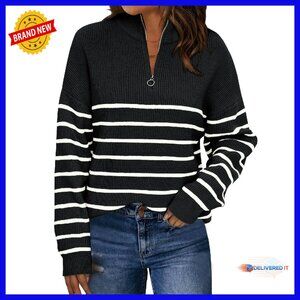 Oversized Quarter Zip Striped Sweater Mock Turtleneck Pullover